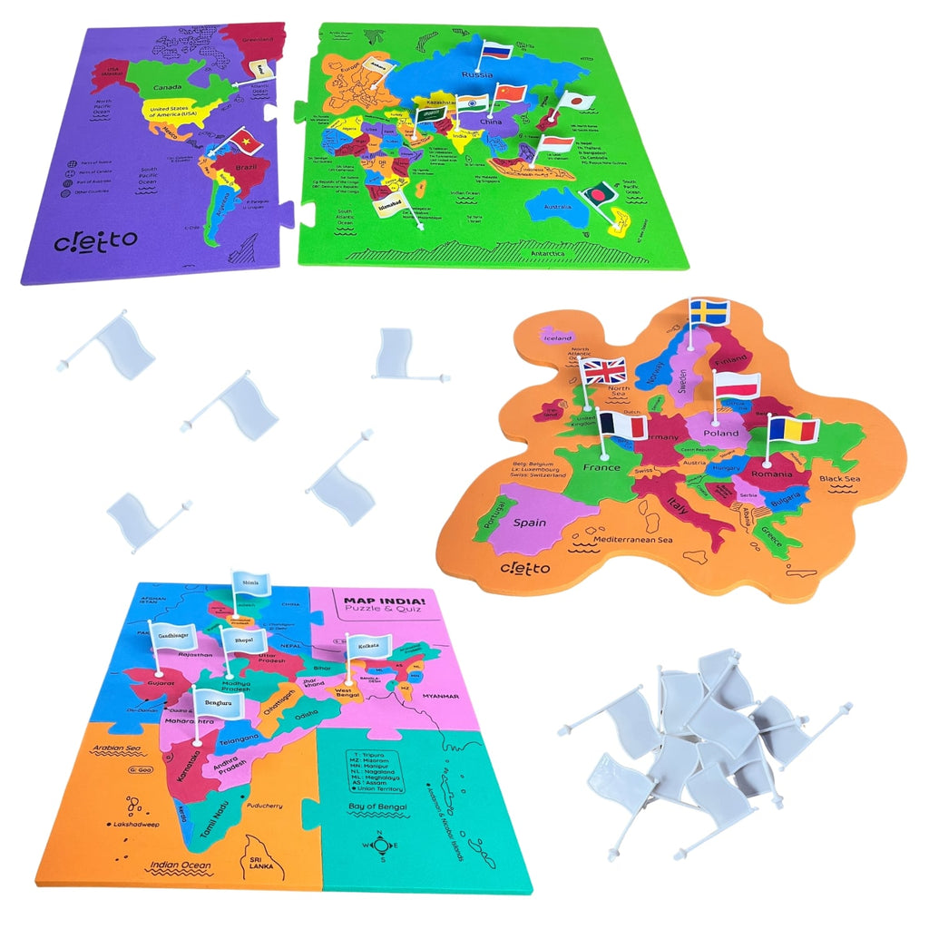 World & India Map Puzzle with Capitals & Flag of Countries