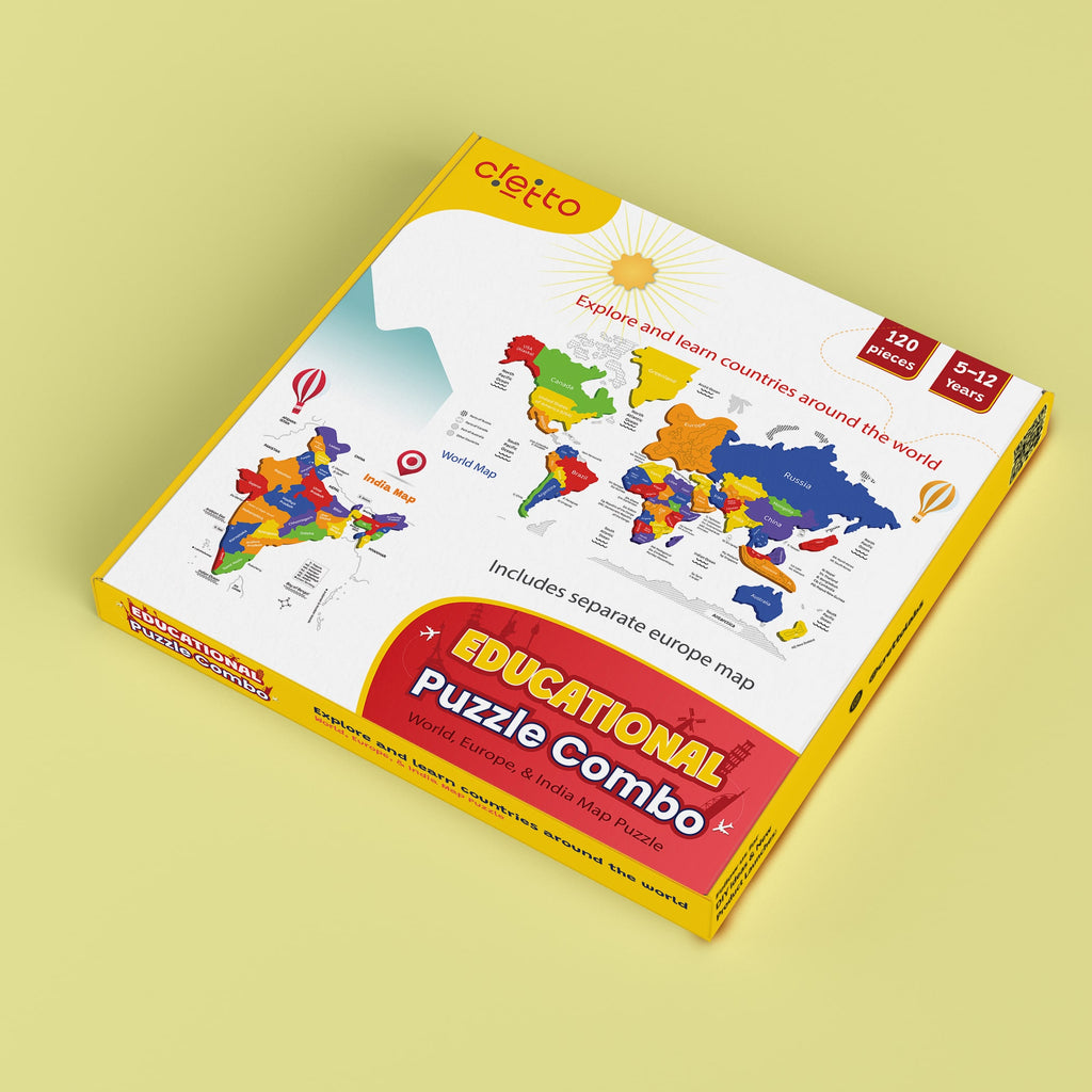 4 in 1 Educational Map Puzzle Combo: Map Puzzle of World, Europe & India (Continent Map Puzzle FREE!)